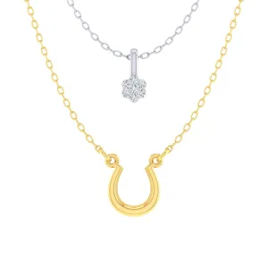 Floral and Horseshoe Layered 1/20 Cttw Natural Diamond Pendant Necklace set in 925 Sterling (Silver & Yellow Gold)…