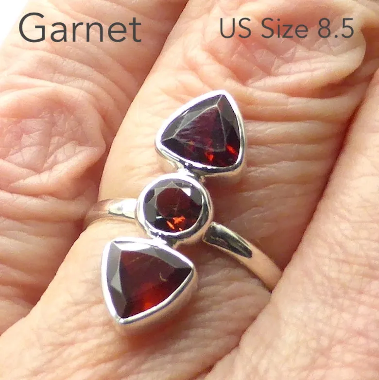 Garnet Ring, Three Faceted Gemstones, 925 Sterling Silver