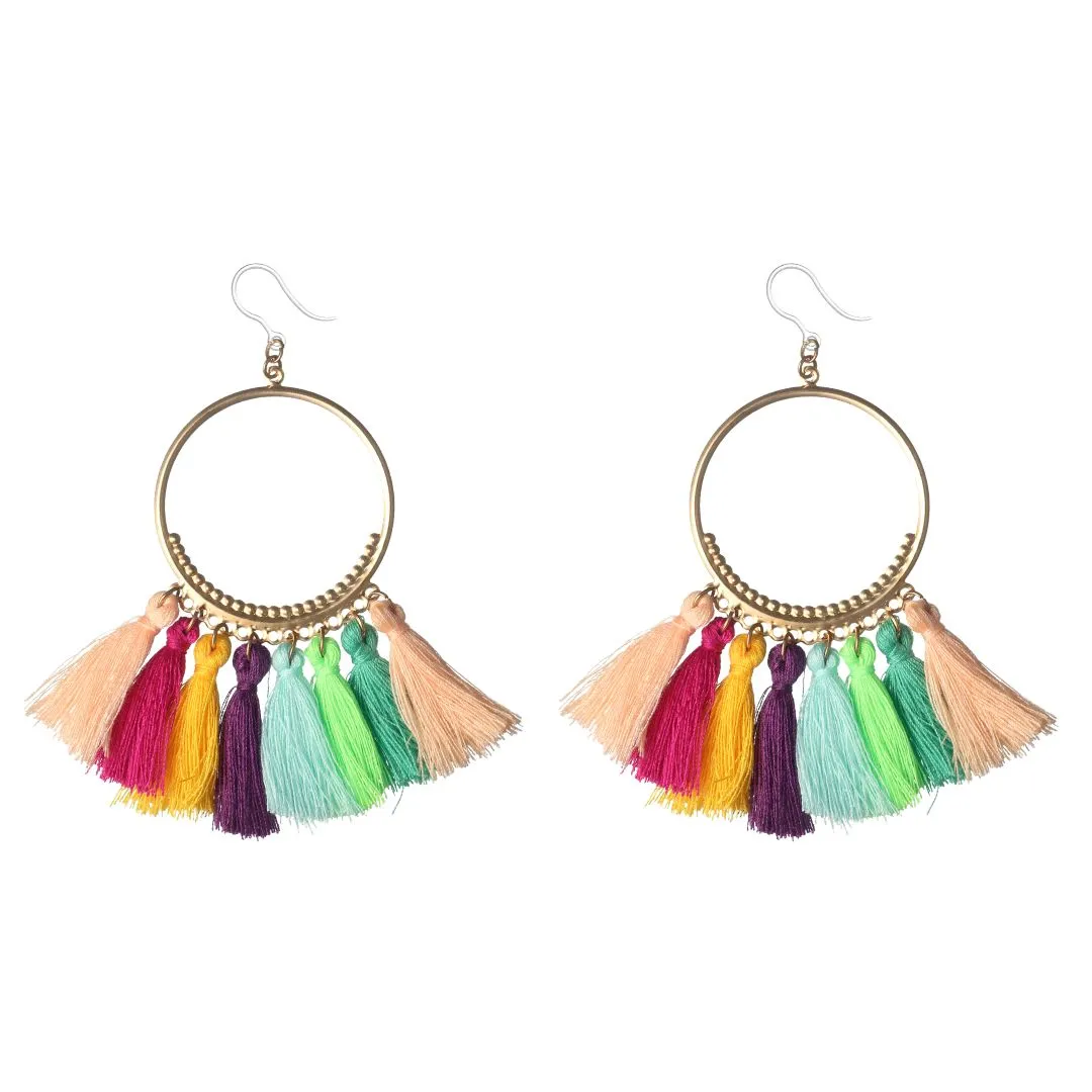 Hoop Multicolor Tassel Dangles Hypoallergenic Earrings for Sensitive Ears Made with Plastic Posts