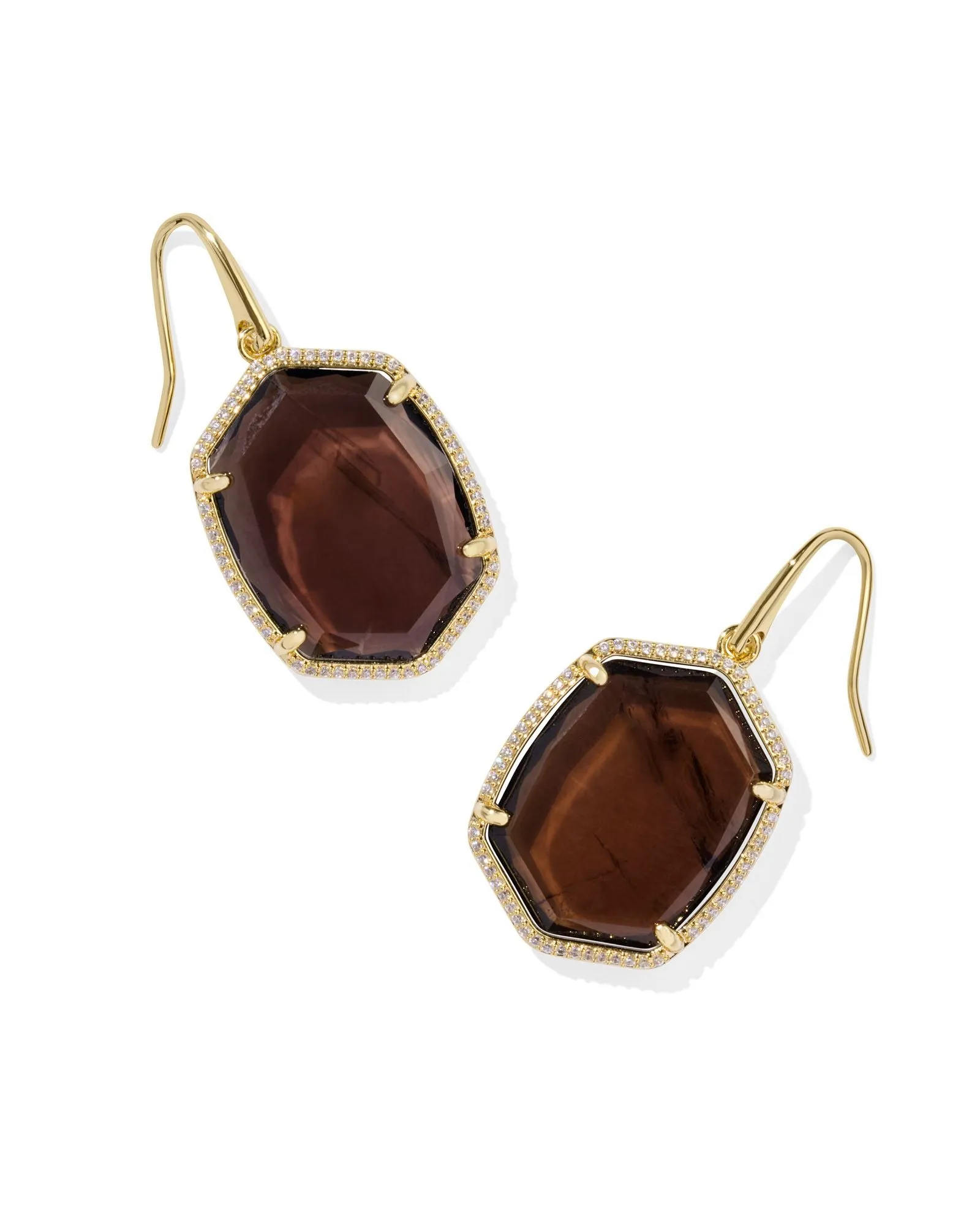 Kendra Scott Daphne Gold Pave Frame Drop Earrings in Smoky Quartz