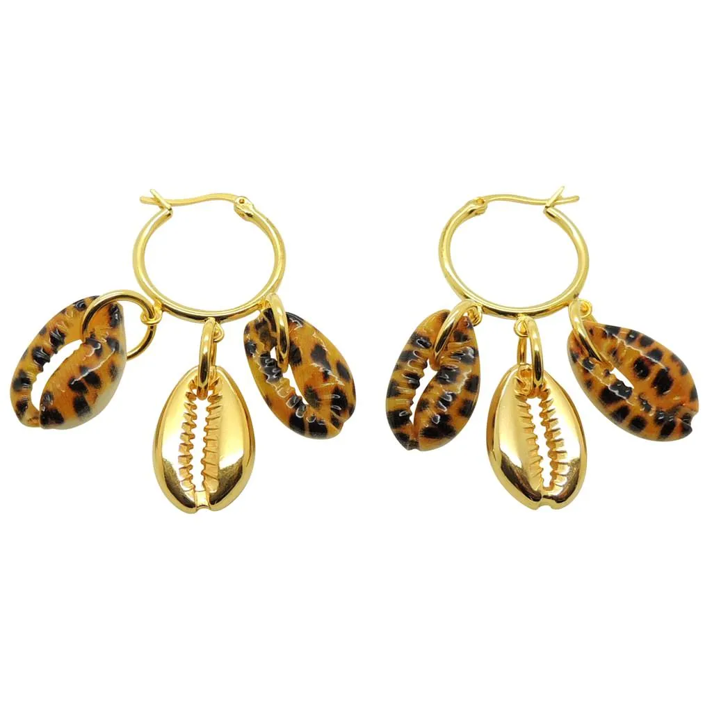 Leopard Print Midas Seashell Charm Trio Mini Hoop Earrings