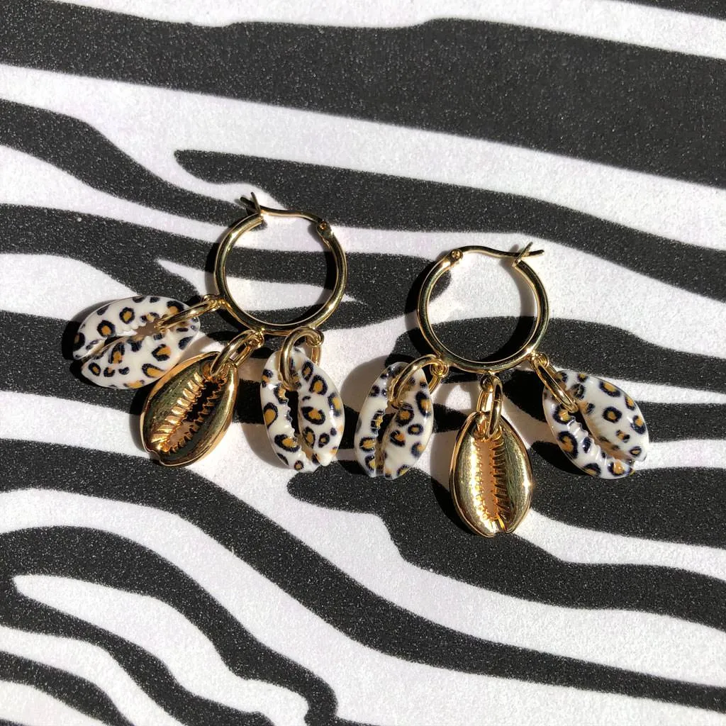 Leopard Print Midas Seashell Charm Trio Mini Hoop Earrings