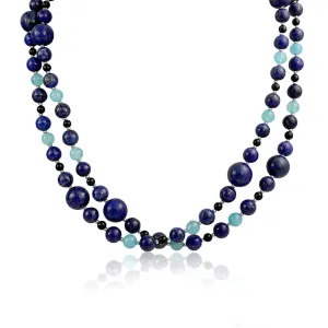 Long Wrap Layered Aqua Quartz & Lapis Onyx Gemstone Strand Necklace 40 Inch