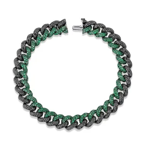 MEN'S BLACK DIAMOND & GREEN GARNET TWO TONE PAVE ESSENTIAL LINK BRACELET