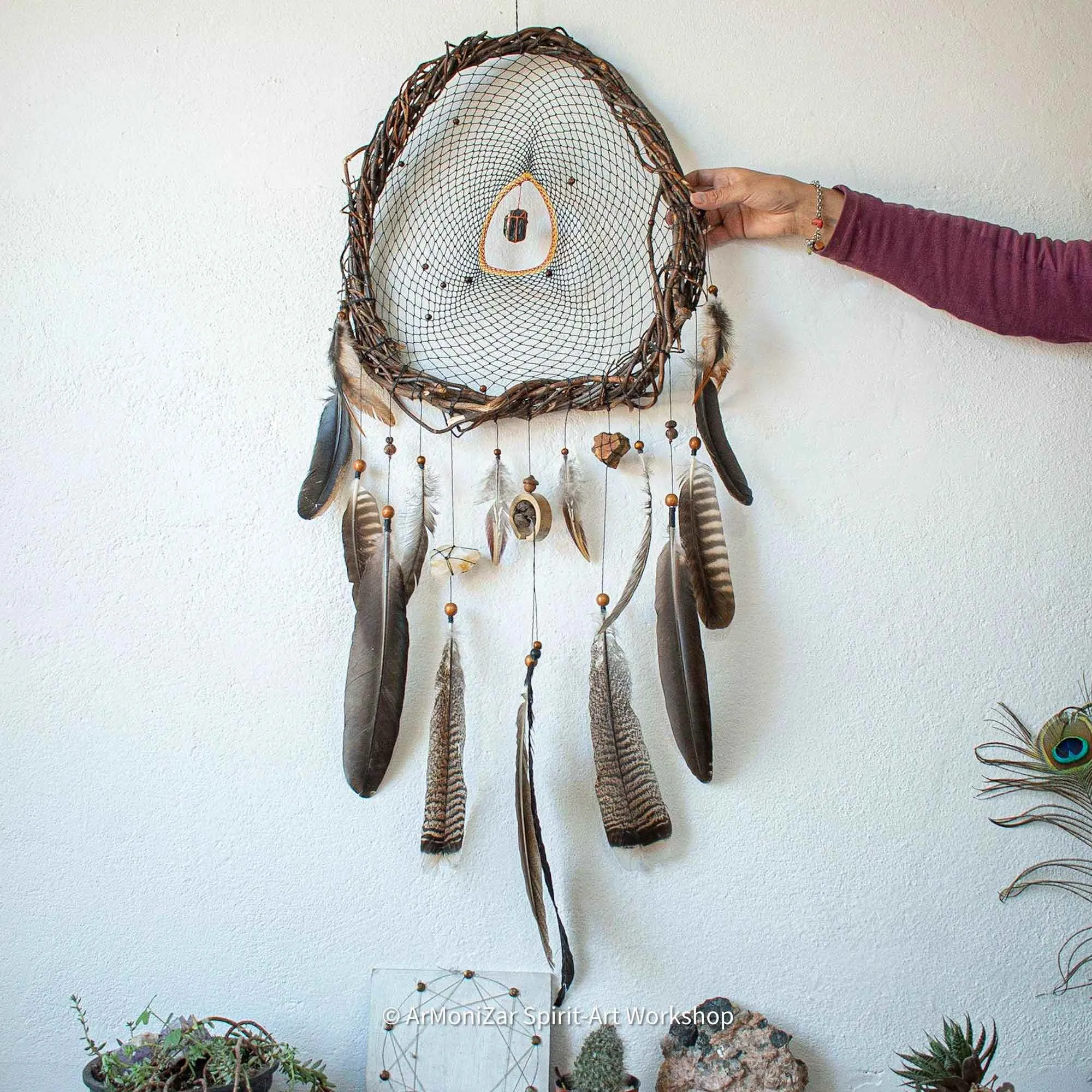 Nature art dream catcher personalized gift mother earth style stones and mix feathers assortment