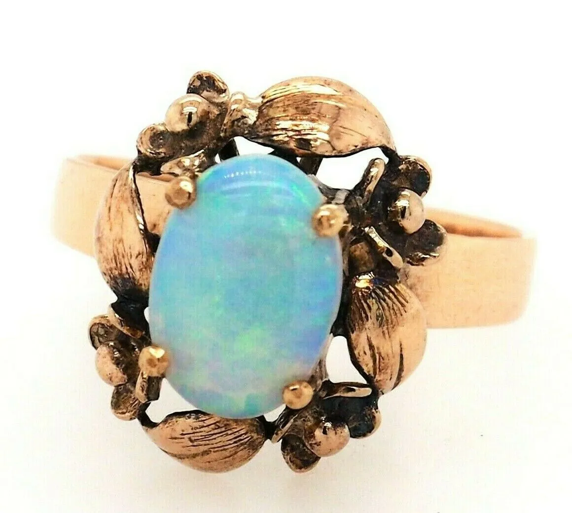 Opal Dress Ring 9ct Yellow Gold Floral & Leaf Surround Fine Jewellery Size K 1/4