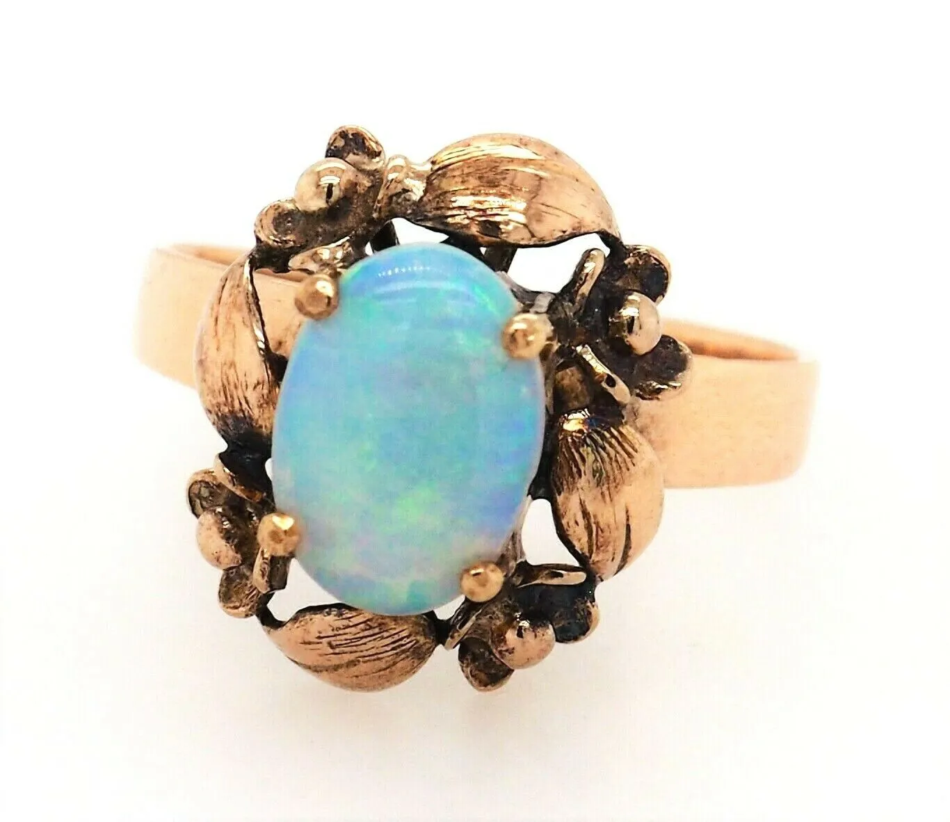 Opal Dress Ring 9ct Yellow Gold Floral & Leaf Surround Fine Jewellery Size K 1/4