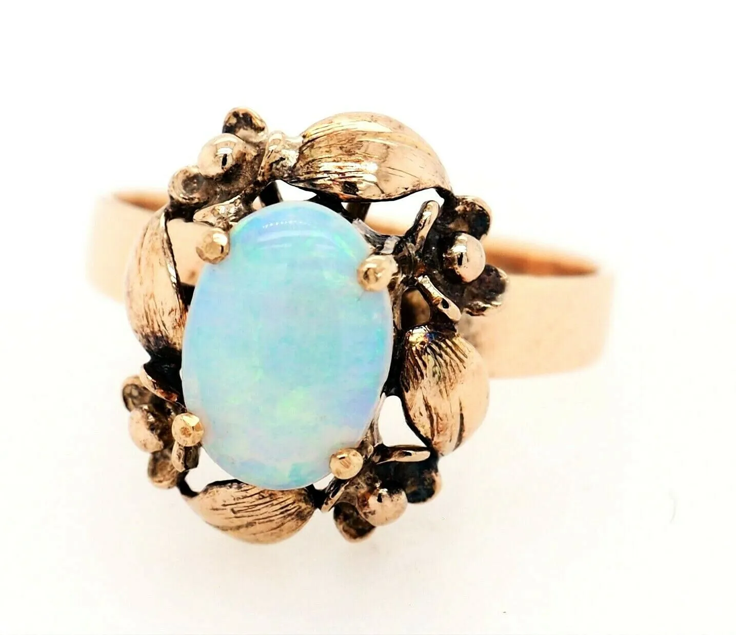 Opal Dress Ring 9ct Yellow Gold Floral & Leaf Surround Fine Jewellery Size K 1/4