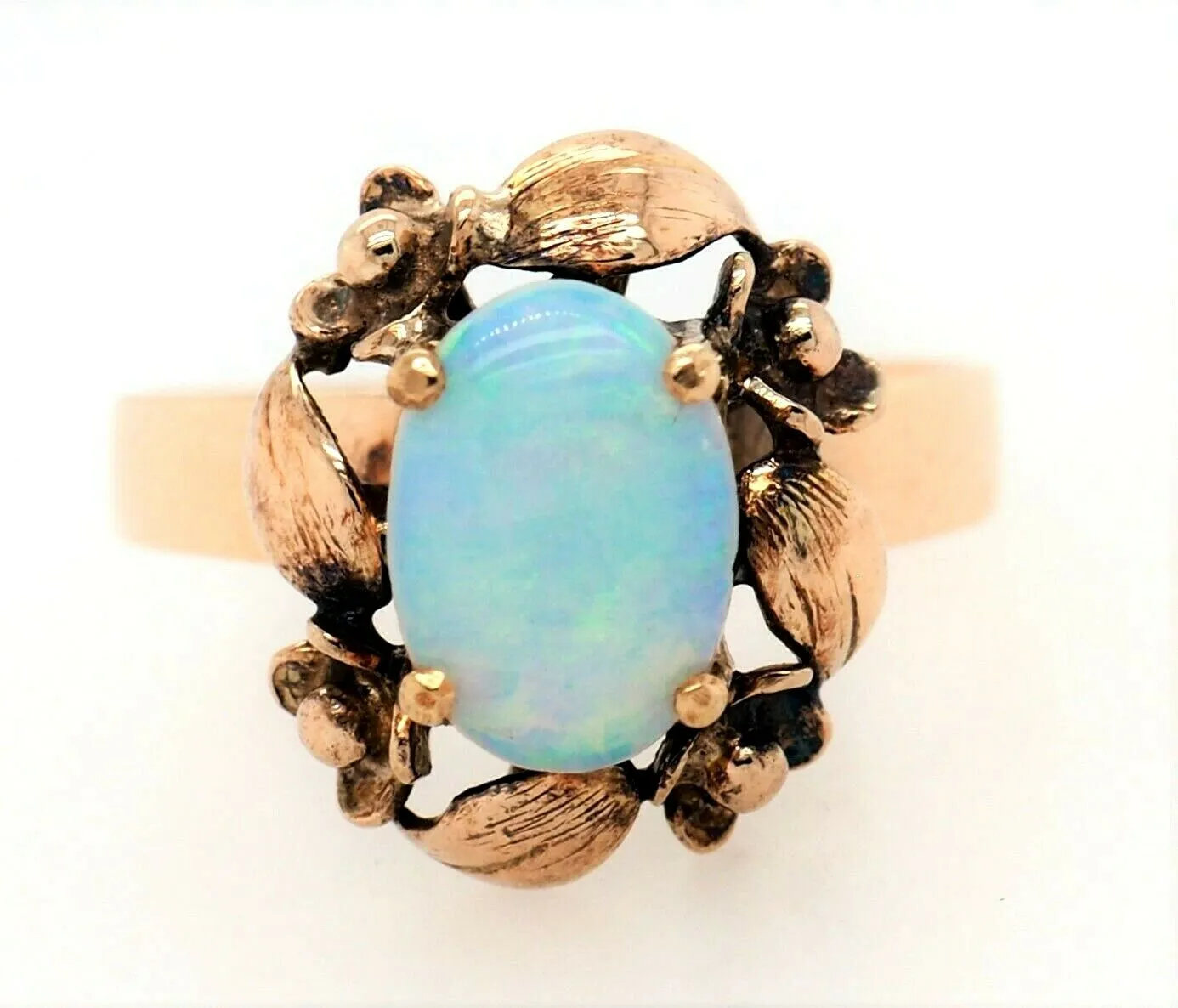 Opal Dress Ring 9ct Yellow Gold Floral & Leaf Surround Fine Jewellery Size K 1/4