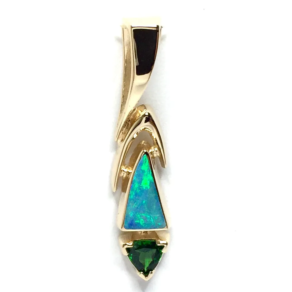 Opal Pendant Triangle Inlaid Design with Trillion Cut Green Tsavorite