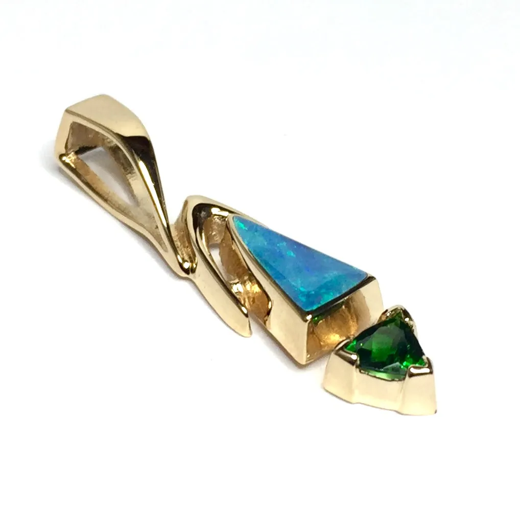 Opal Pendant Triangle Inlaid Design with Trillion Cut Green Tsavorite