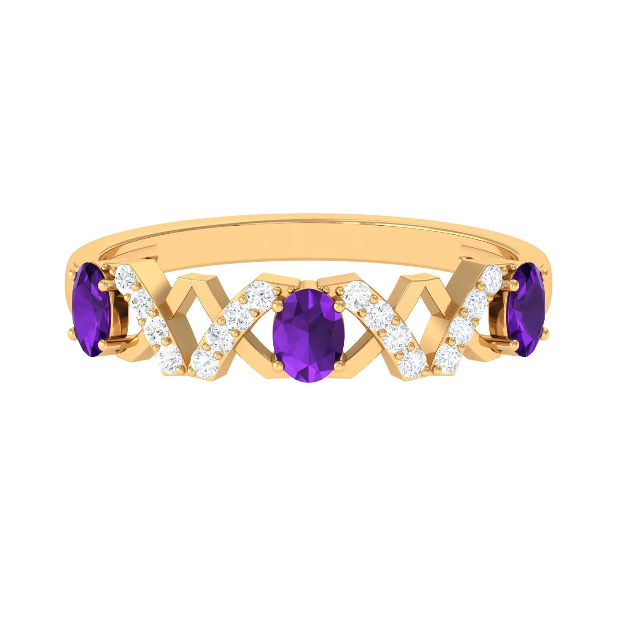 Oval Amethyst Criss Cross Half Eternity Band Ring with Diamond