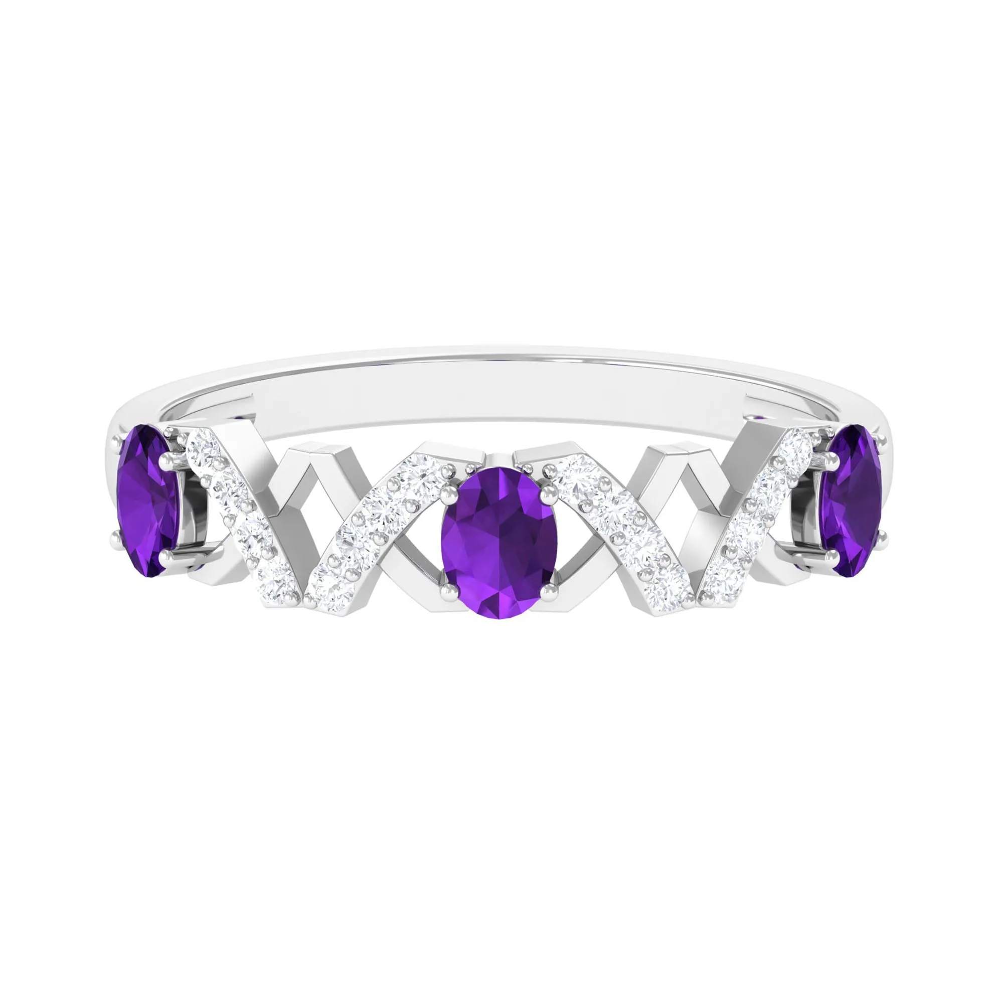 Oval Amethyst Criss Cross Half Eternity Band Ring with Diamond