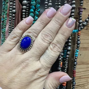 Oval Lapis Genuine Ring W/ Sterling Ball Detail