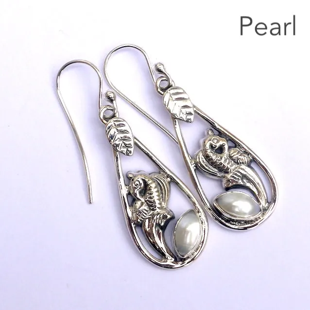 Pearl Earrings, Marquis Shape, Floral Pattern 925 Silver