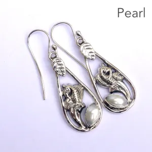 Pearl Earrings, Marquis Shape, Floral Pattern 925 Silver