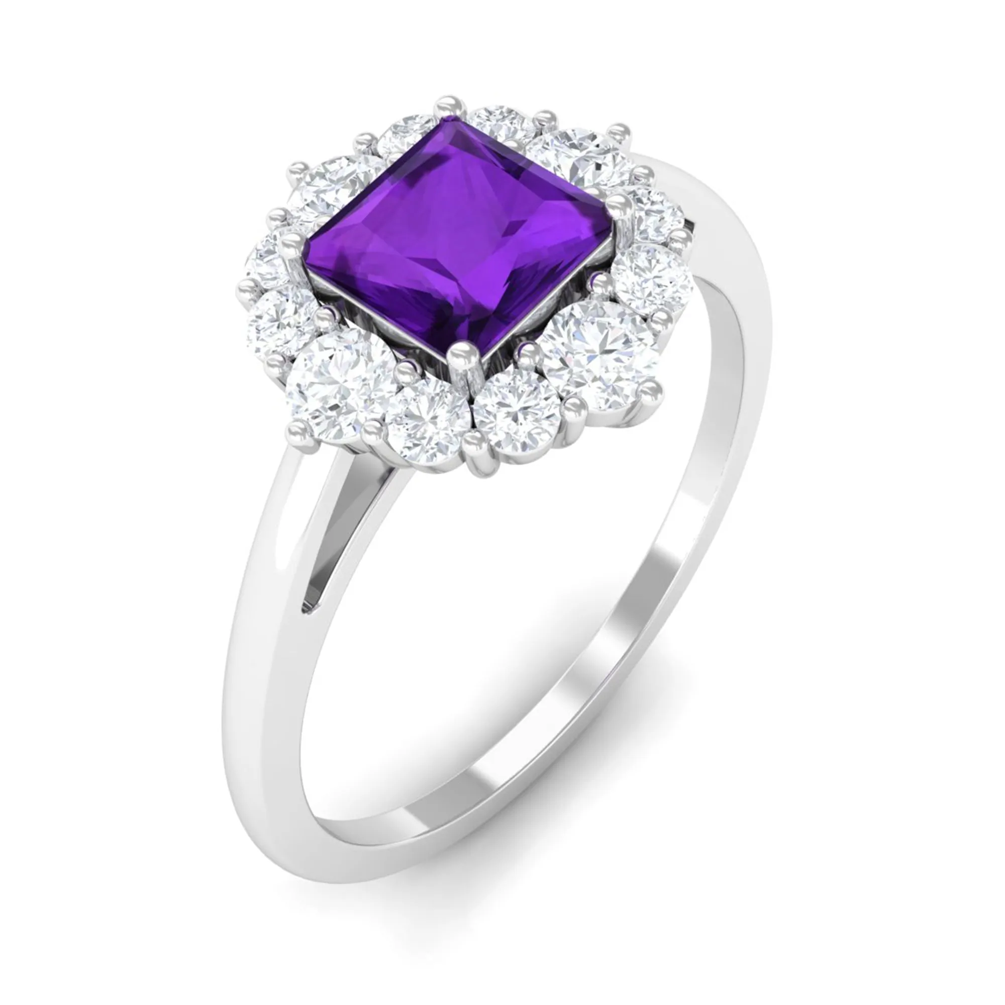 Princess Cut Amethyst and Diamond Halo Engagement Ring