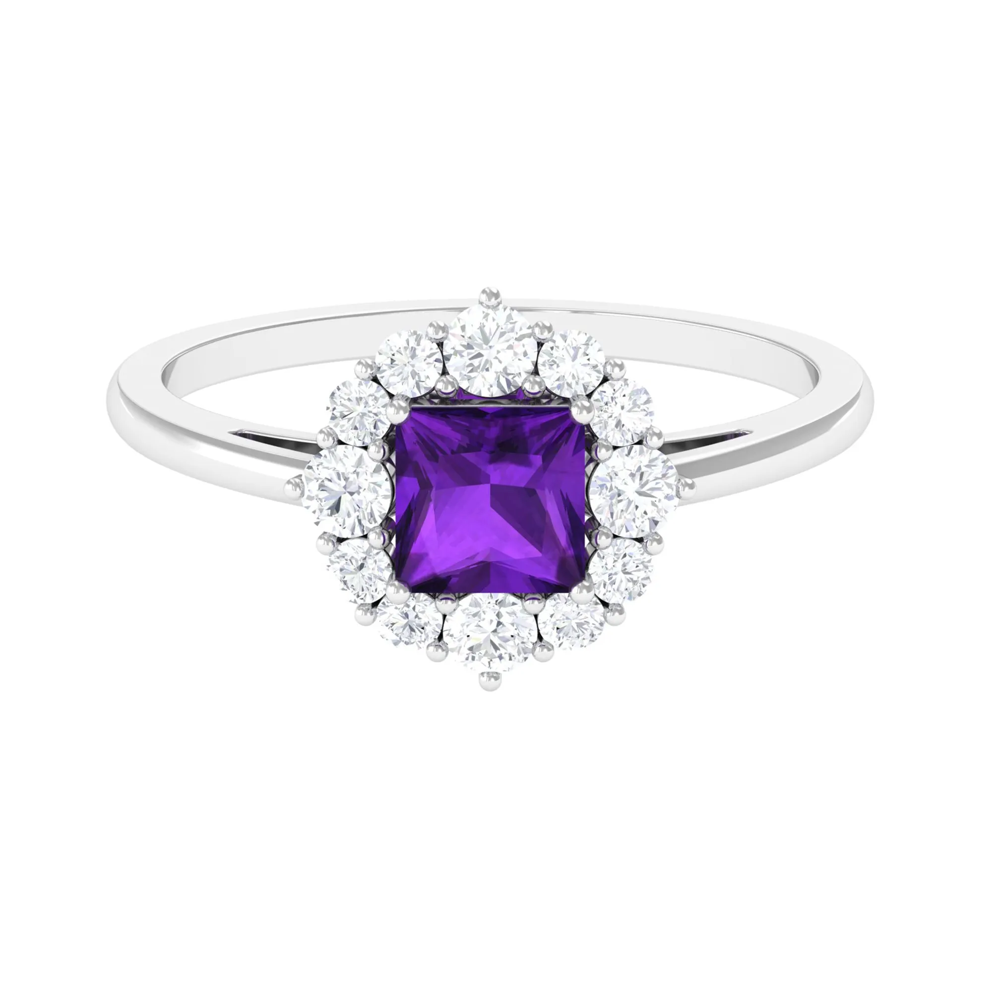 Princess Cut Amethyst and Diamond Halo Engagement Ring