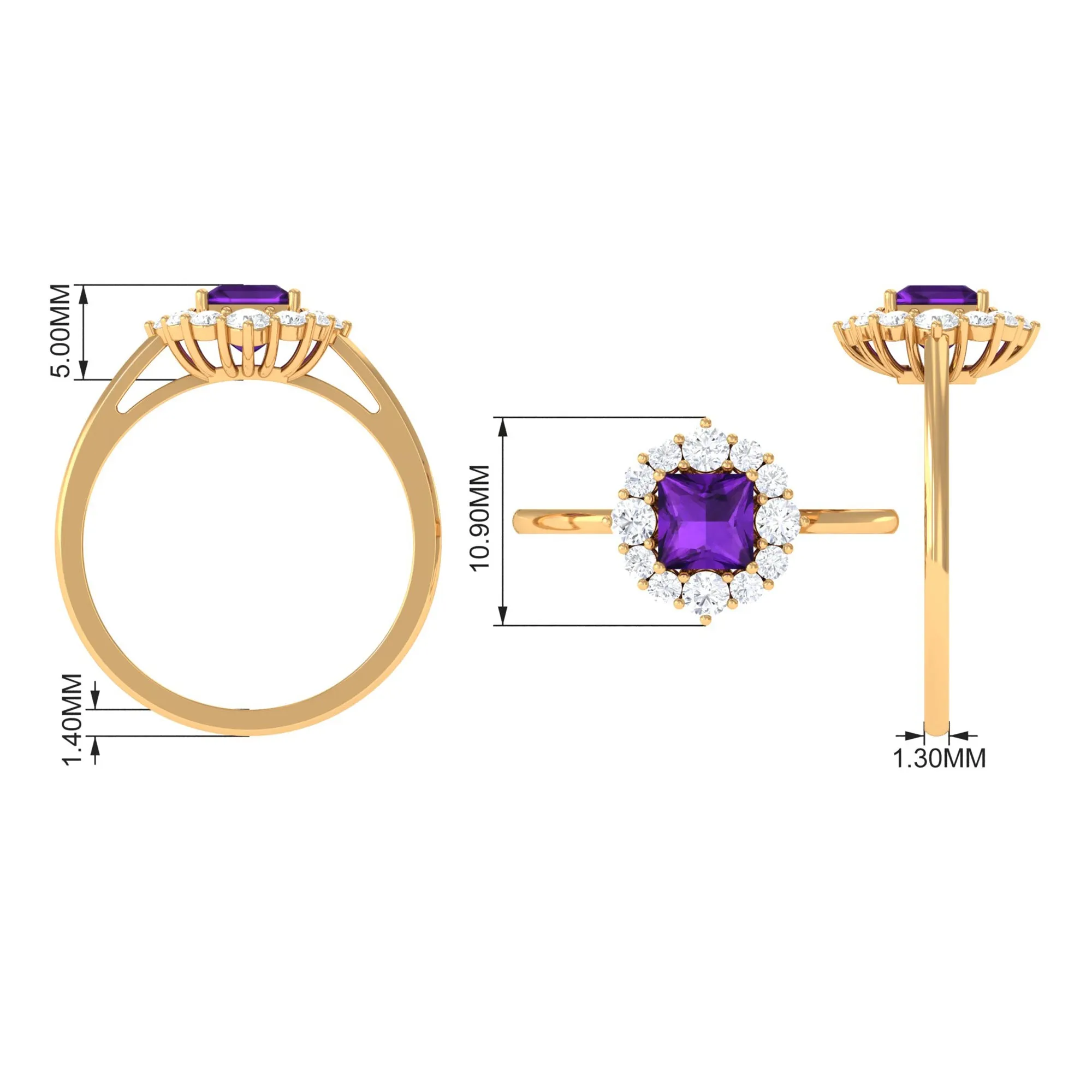 Princess Cut Amethyst and Diamond Halo Engagement Ring