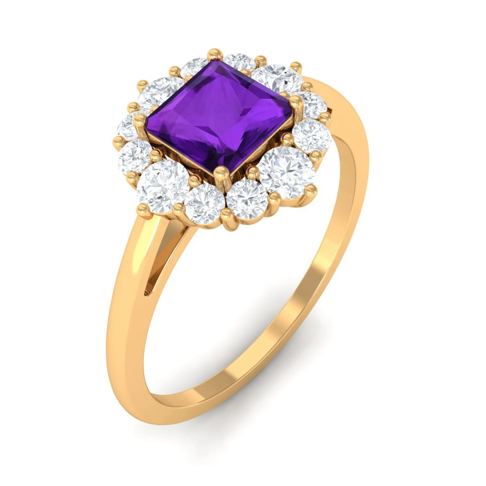 Princess Cut Amethyst and Diamond Halo Engagement Ring