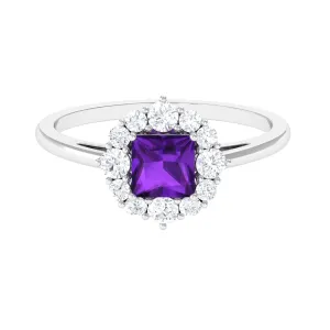 Princess Cut Amethyst and Diamond Halo Engagement Ring