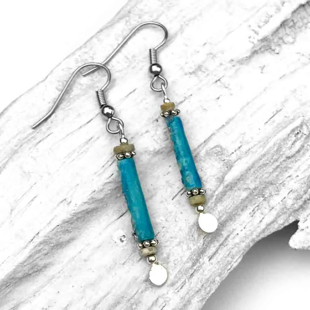 Rare Bright Turquoise Ancient Egyptian Faience Mummy Bead Earrings in Sterling Silver | Artifact #G5568