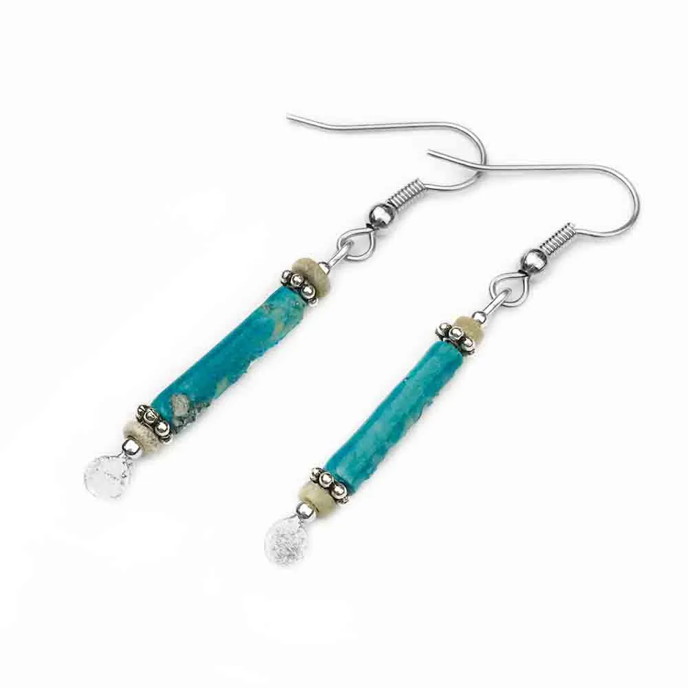 Rare Bright Turquoise Ancient Egyptian Faience Mummy Bead Earrings in Sterling Silver | Artifact #G5568