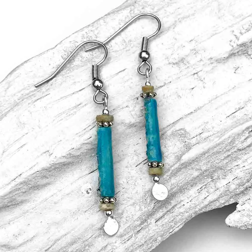 Rare Bright Turquoise Ancient Egyptian Faience Mummy Bead Earrings in Sterling Silver | Artifact #G5568