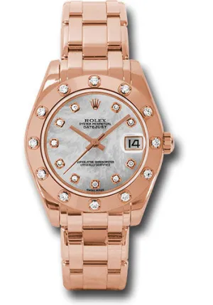 Rolex Pink Gold Datejust Pearlmaster 34 Watch - 12 Diamond Bezel - Mother-Of-Pearl Diamond Dial - 81315 md