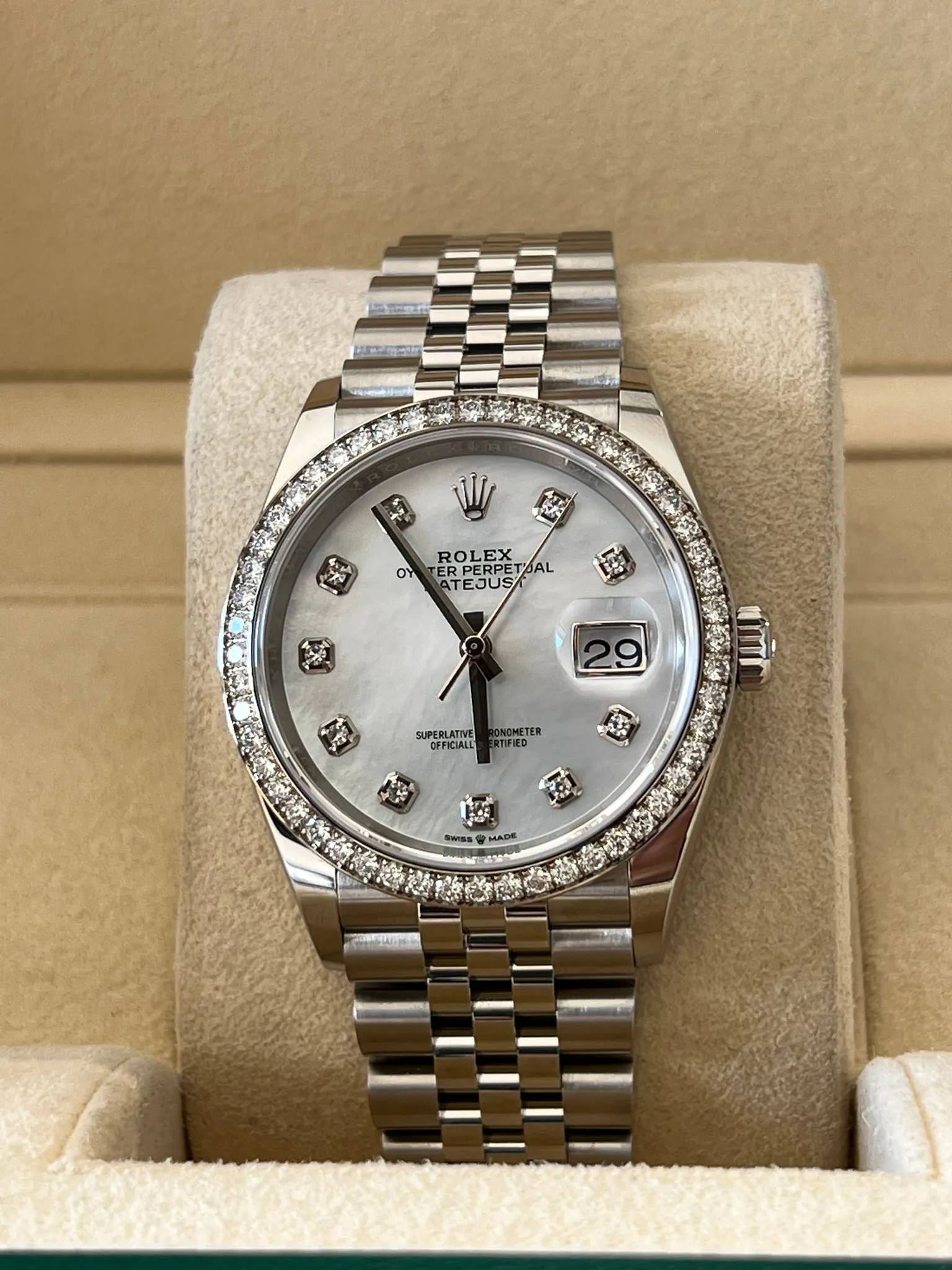 Rolex - Unworn Datejust 36mm Mother of Pearl (MOP) Diamond Dial Jubilee Bracelet Diamond Bezel 126284RBR