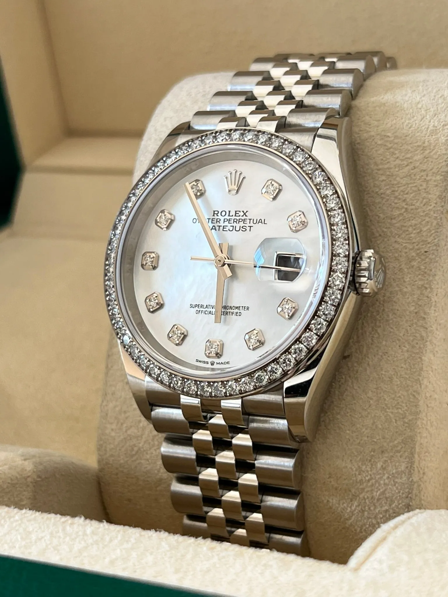 Rolex - Unworn Datejust 36mm Mother of Pearl (MOP) Diamond Dial Jubilee Bracelet Diamond Bezel 126284RBR