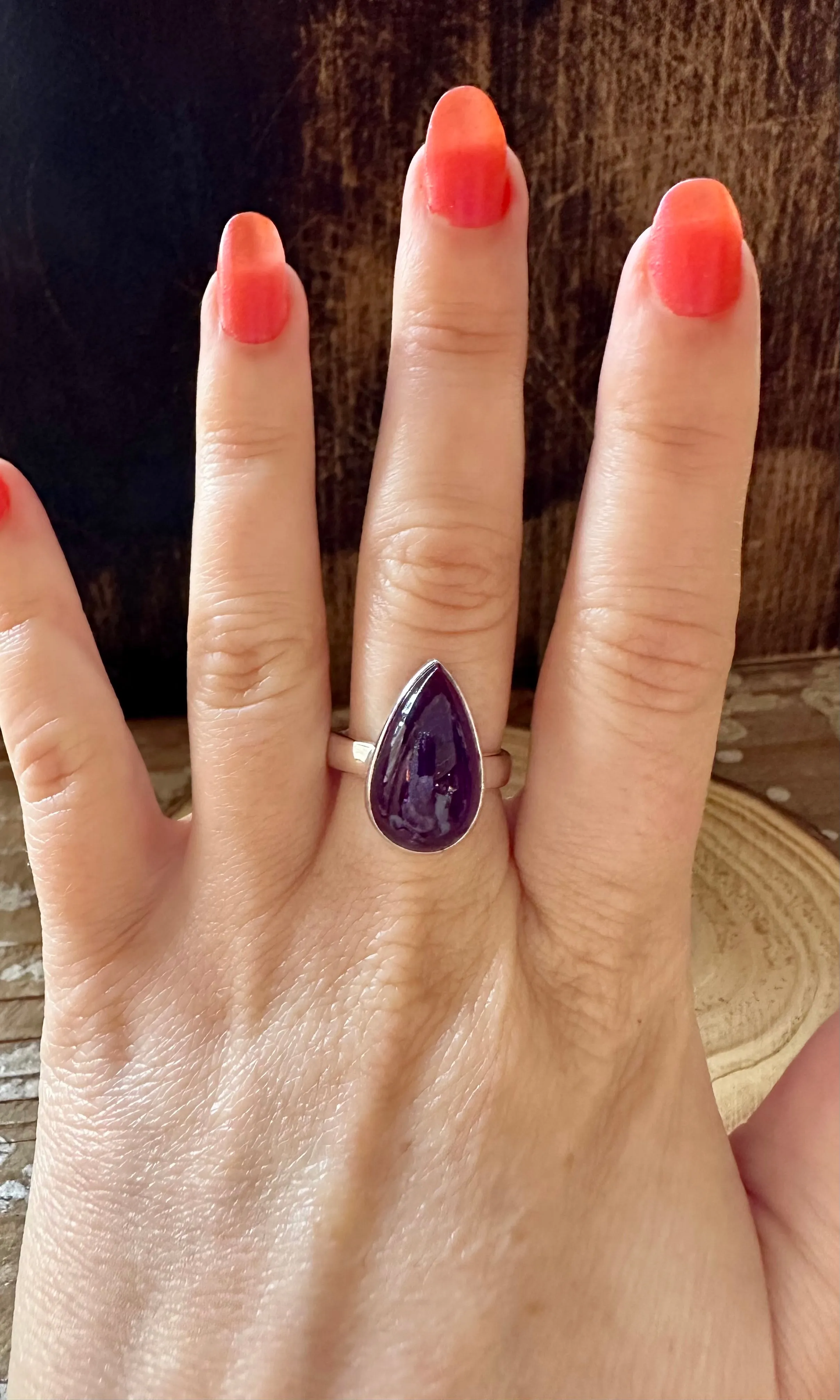 SLIM TEARDROP Amethyst Sterling Silver Ring • Size 7