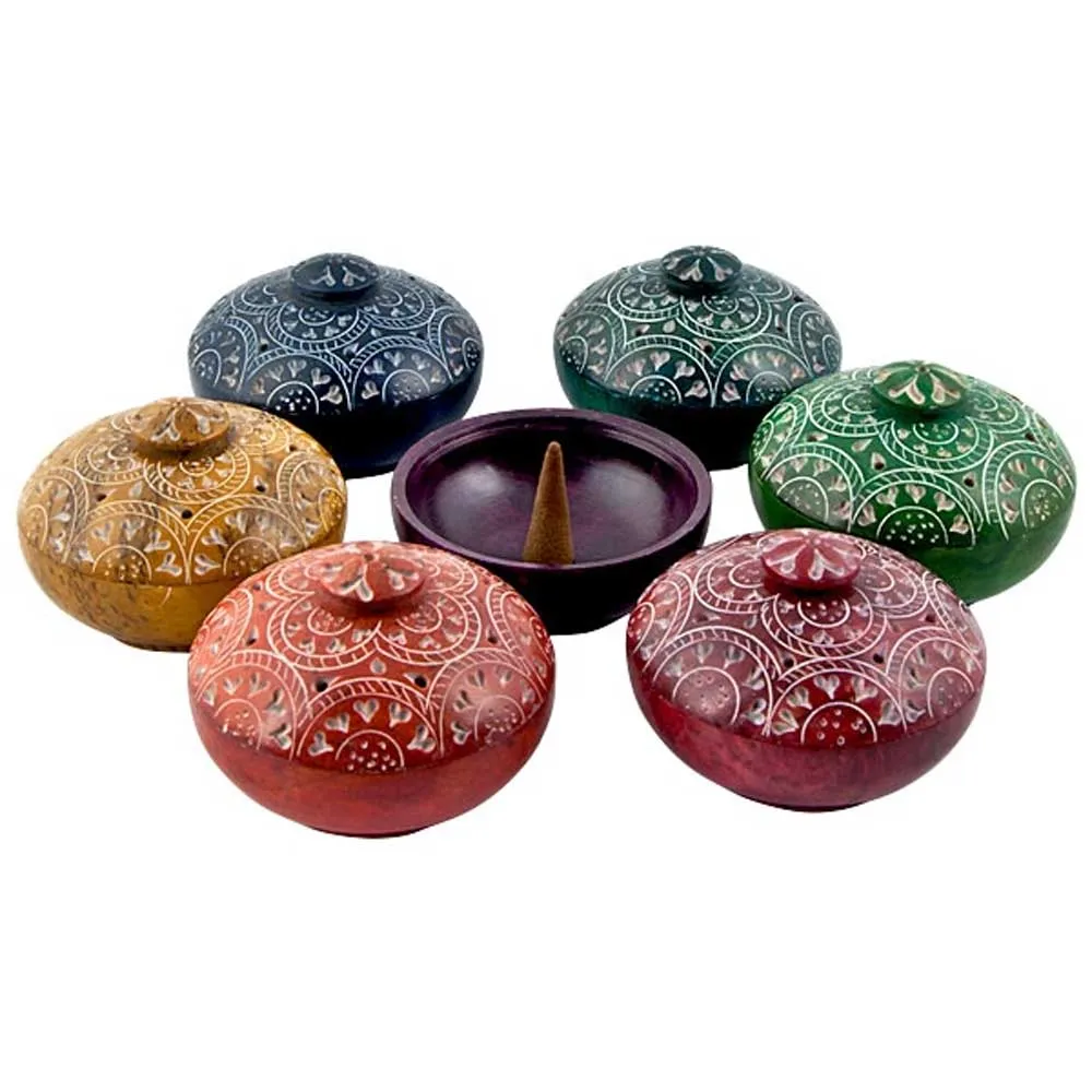 Small Chakra Color Soapstone Charcoal Incense Burner Bowl w/ Lid