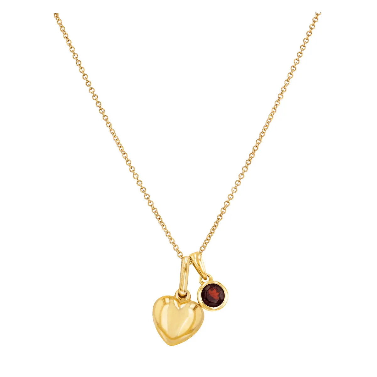 Soleil Collection Puffed Heart and Garnet Necklace | 9K Solid Yellow Gold