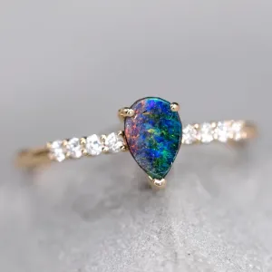 Stylish Two Color Boulder Opal & Diamond Engagement Ring 18K Yellow Gold