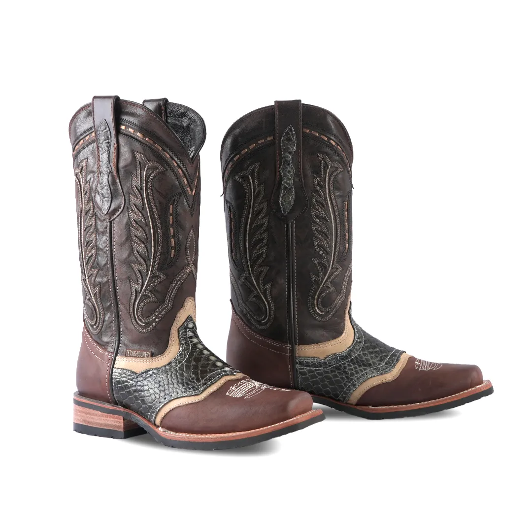 Texas Country  Western Boot Python Print Rustico Choco Rodeo Toe E420