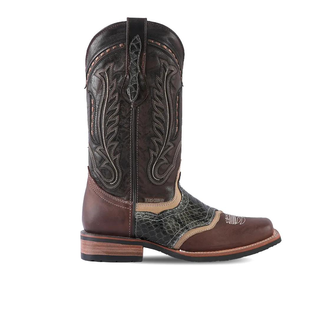 Texas Country  Western Boot Python Print Rustico Choco Rodeo Toe E420