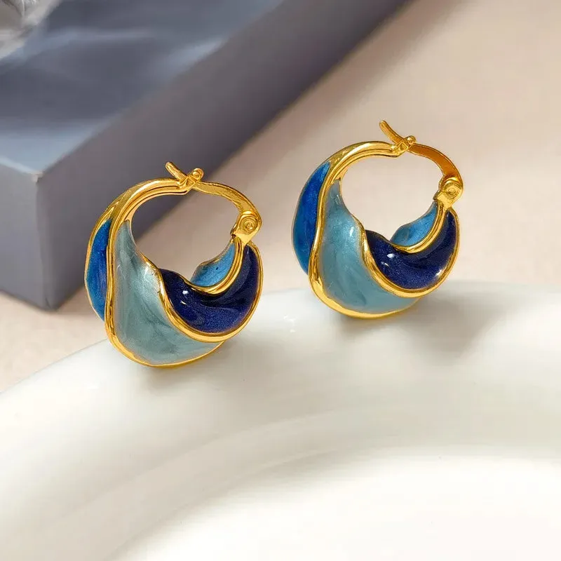 Trendy Enamel Blue Metal Texture Gold Plated Statement New Earring