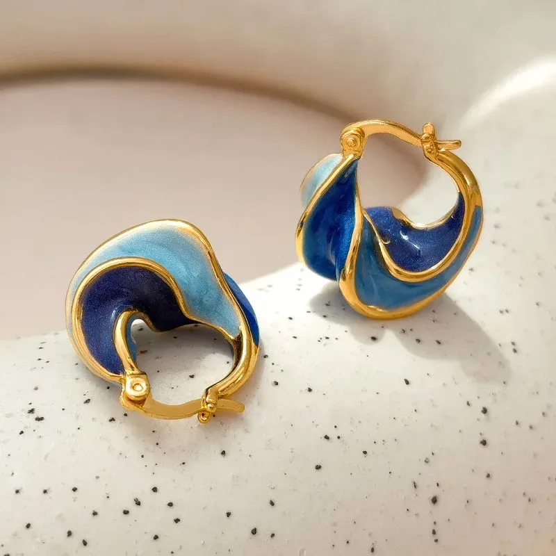 Trendy Enamel Blue Metal Texture Gold Plated Statement New Earring