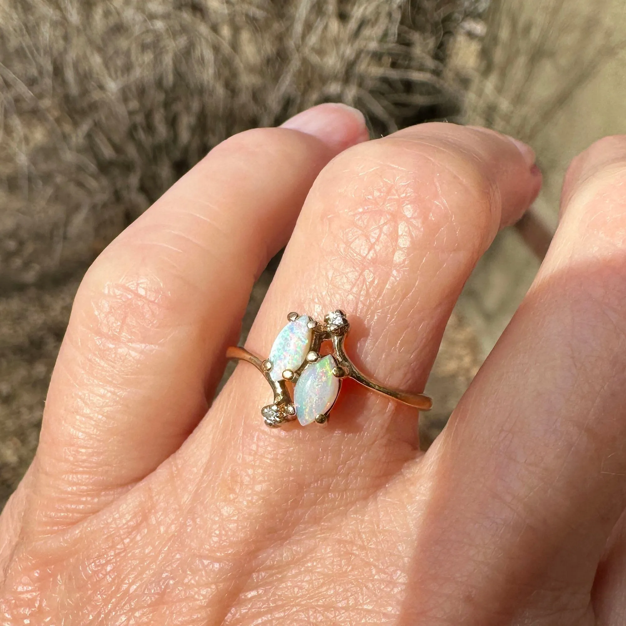 Vintage Gold Bypass Diamond Marquise Opal Ring