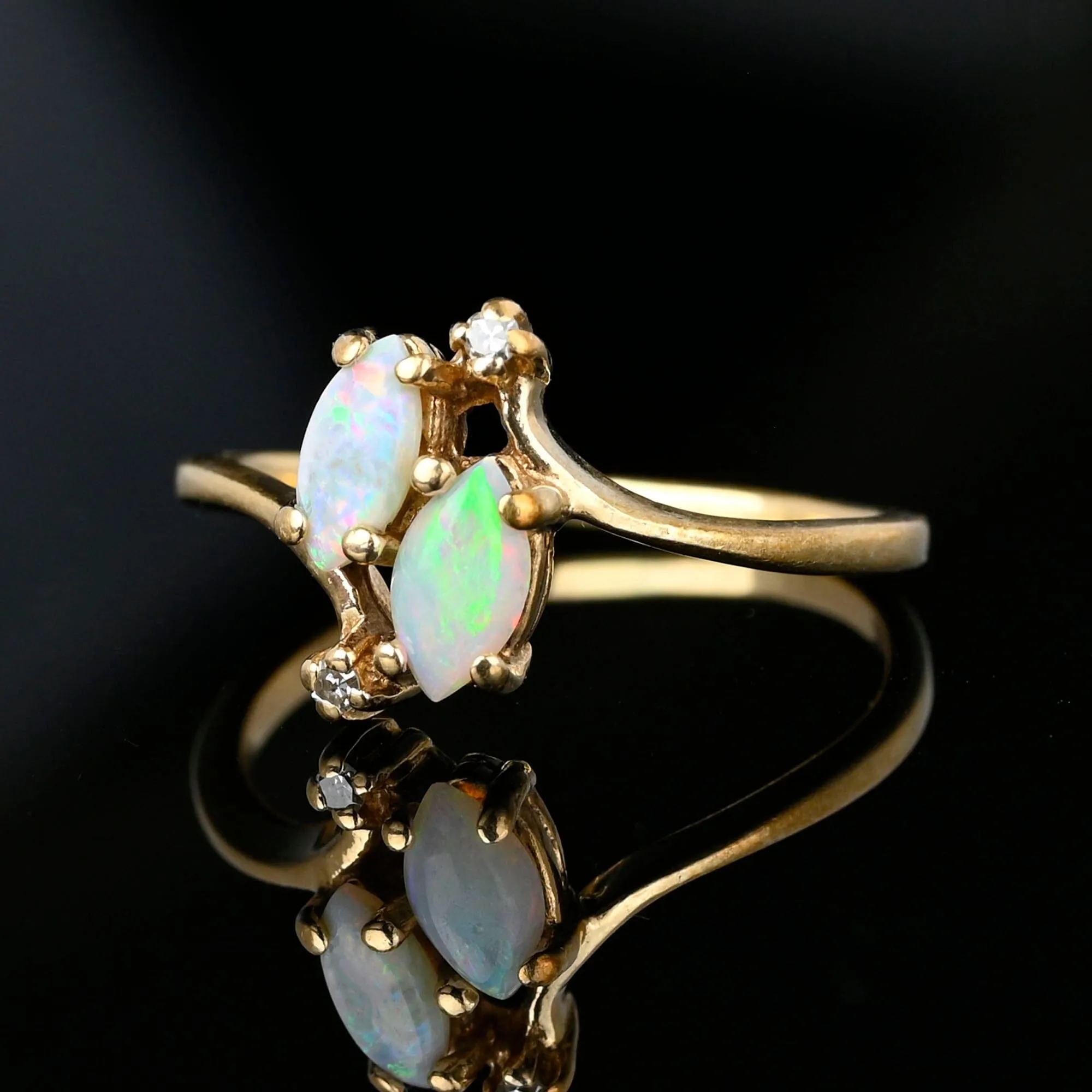 Vintage Gold Bypass Diamond Marquise Opal Ring