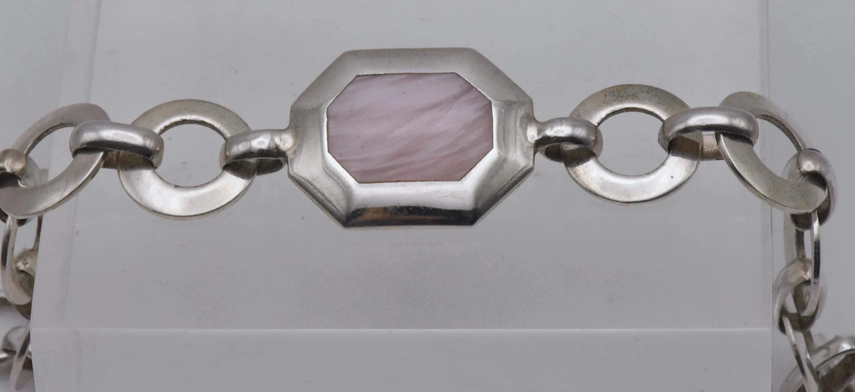 Vintage Sterling Silver and Pink Faux Mother of Pearl Link Bracelet - 7"