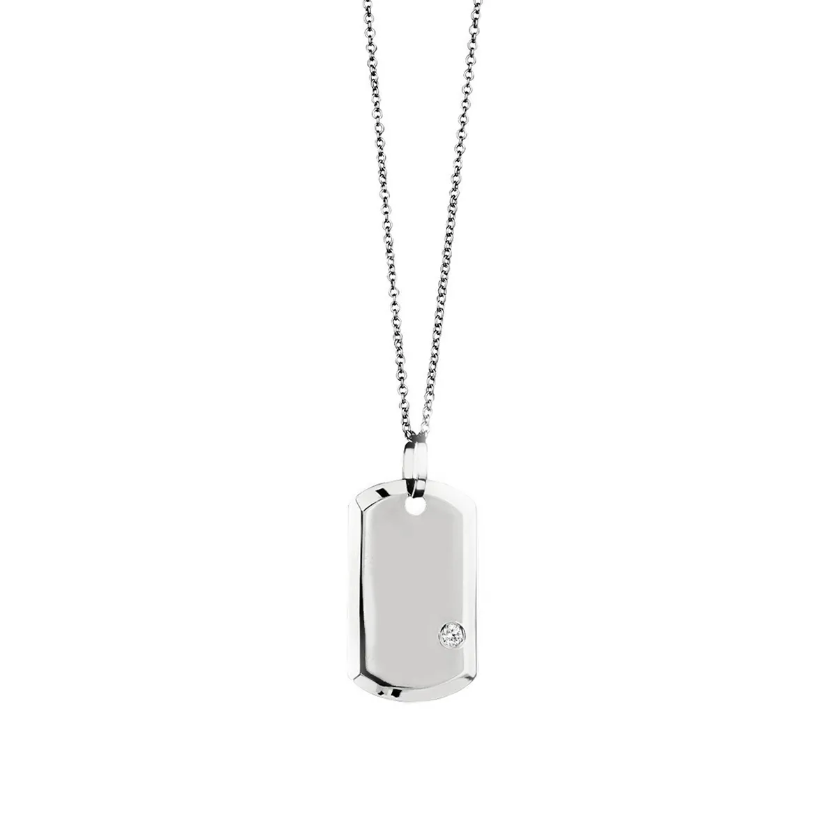 White Gold and Diamond Dog Tag Necklace - 18-Karat Solid White Gold Solitaire Diamond Dog Tag Necklace