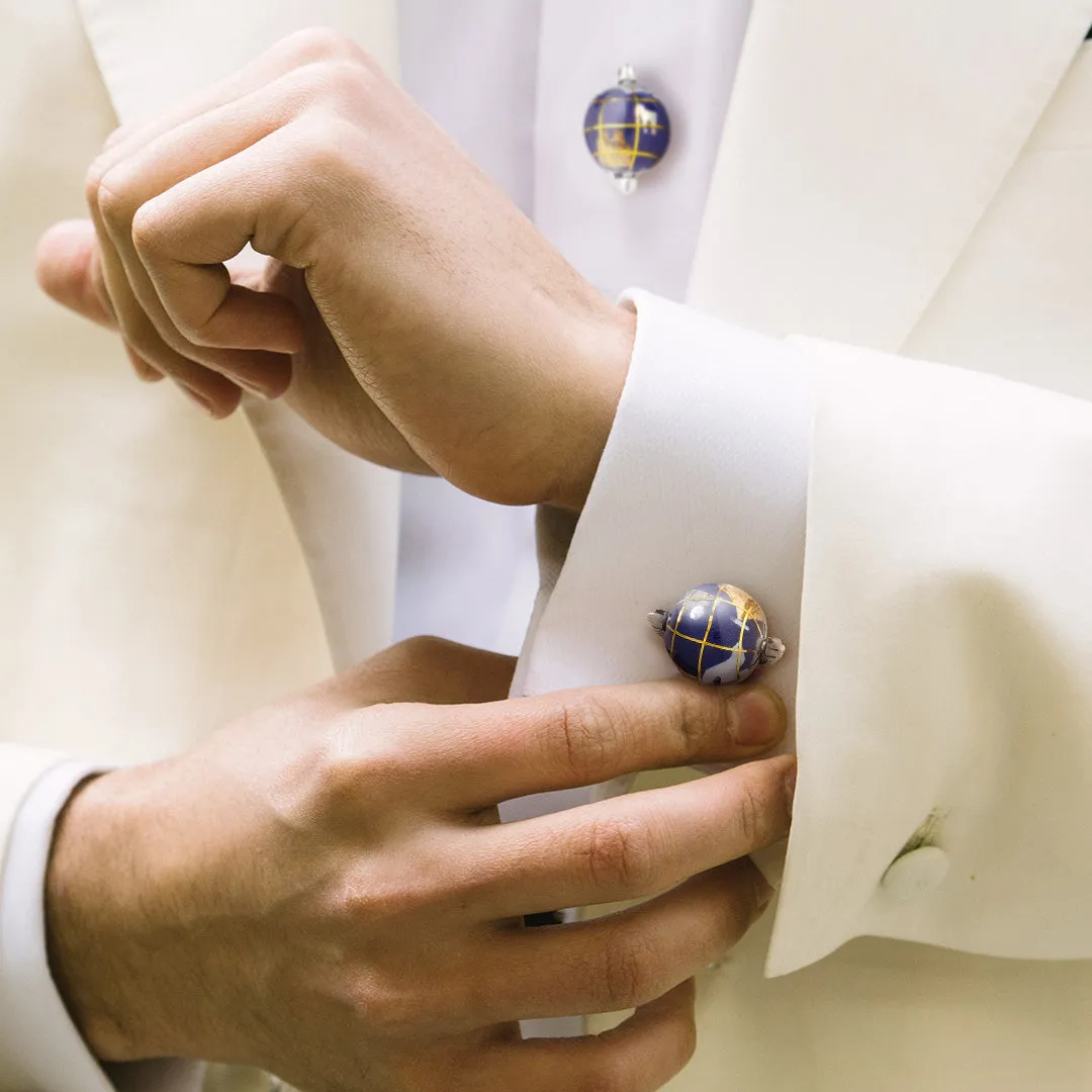 World Spinning Globe Lapis Inlay Sterling Cufflinks & Studs