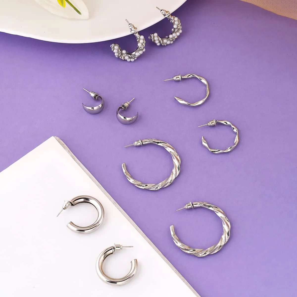 Yellow Chimes Earrings for Women and Girls Silver Hoops Earrings Combo| Silver Toned 5 Pairs Combo Silver Hoop Earrings for Women | Birthday Gift for girls and women Anniversary Gift for Wife